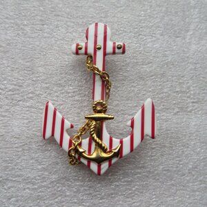 Red & White Anchor Brooch Pin with Gold tone accents